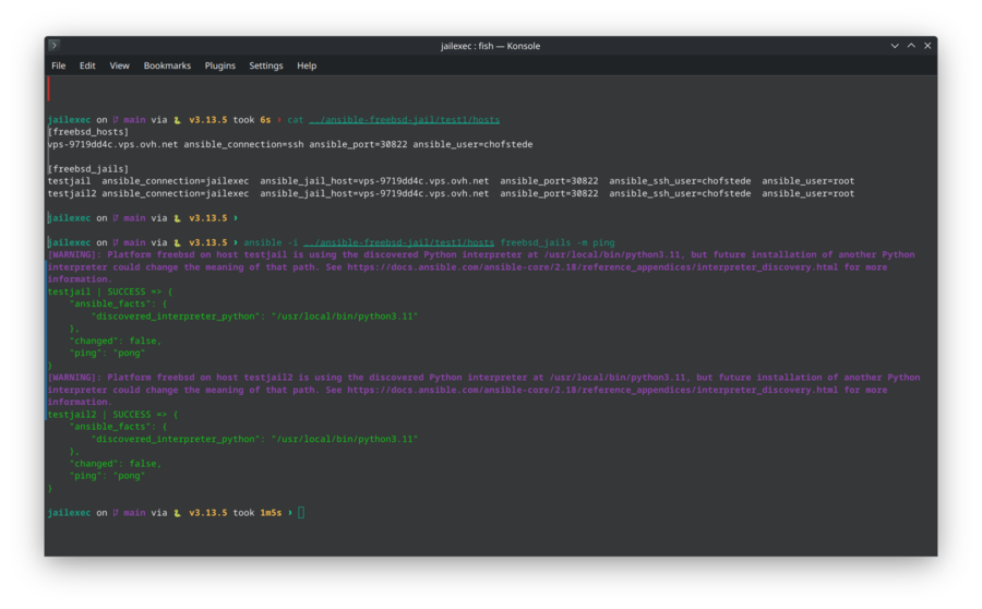 The jailexec connection plugin executing Ansible ping against multiple FreeBSD jails jailexec in action