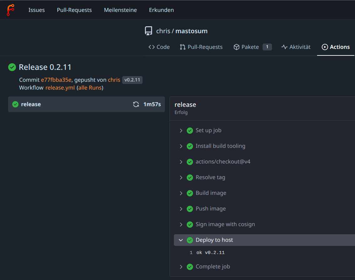 MastoSum deployment pipeline overview MastoSum deployment pipeline: Forgejo Actions workflow pushing a signed image, systemd path unit triggering the deploy