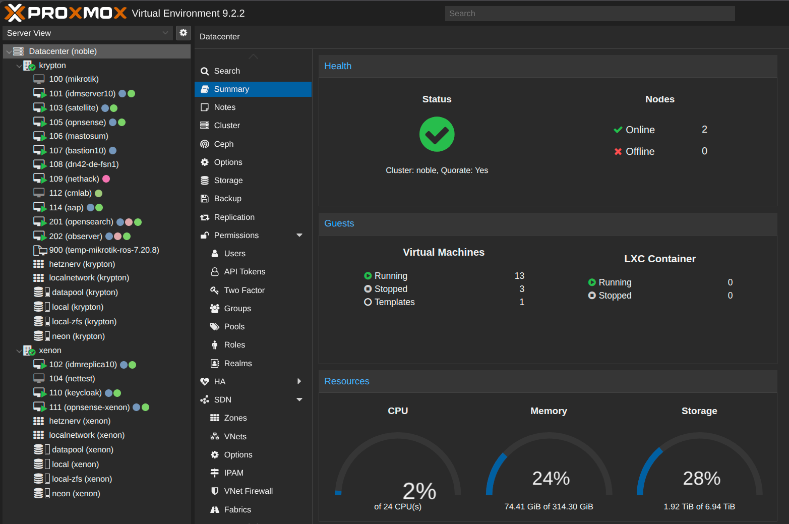 Proxmox VE 9 datacenter summary: the "noble" cluster with nodes krypton and xenon, both online and quorate
