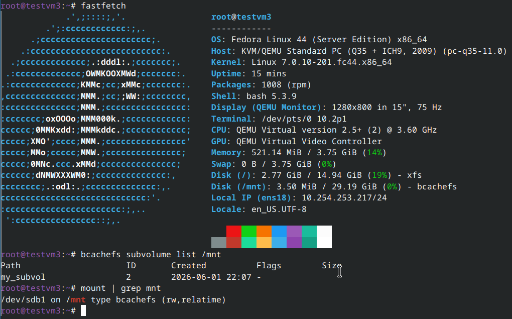 bcachefs running on Fedora 44