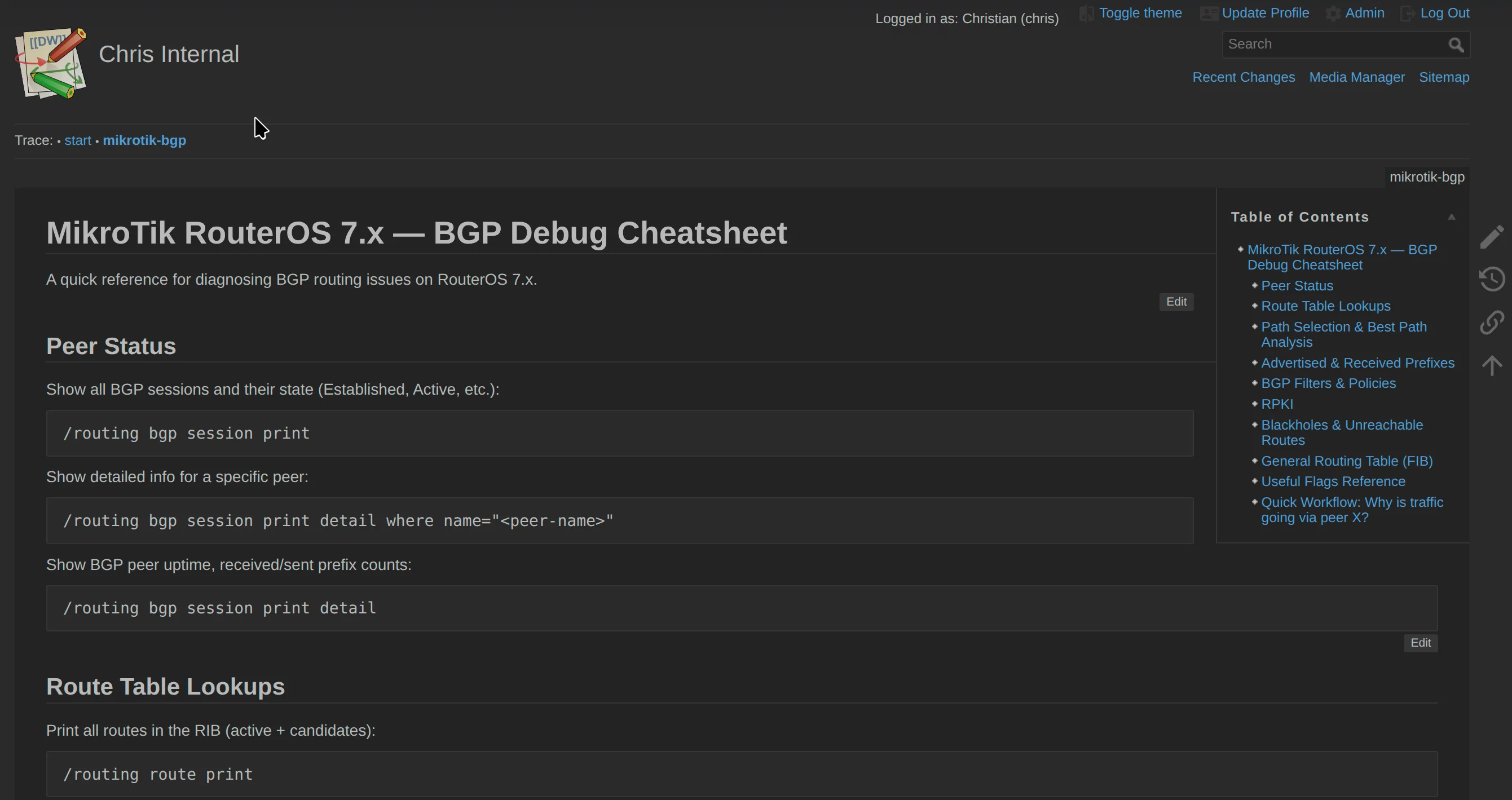 A DokuWiki page in the dark theme showing a MikroTik RouterOS BGP debugging cheatsheet