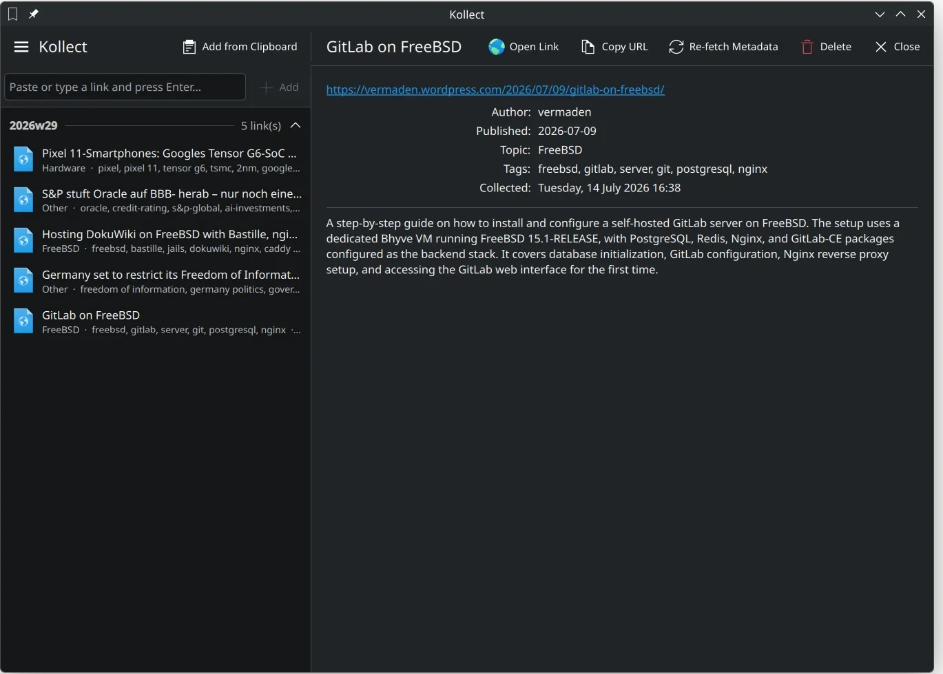Kollect on KDE Plasma, showing links grouped into ISO week 2026w29 and the metadata detail view for a collected article