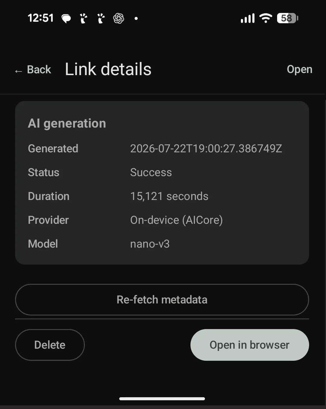 Kollect for Android showing metadata generated locally by AICore and Gemini Nano on a Pixel 10 Pro