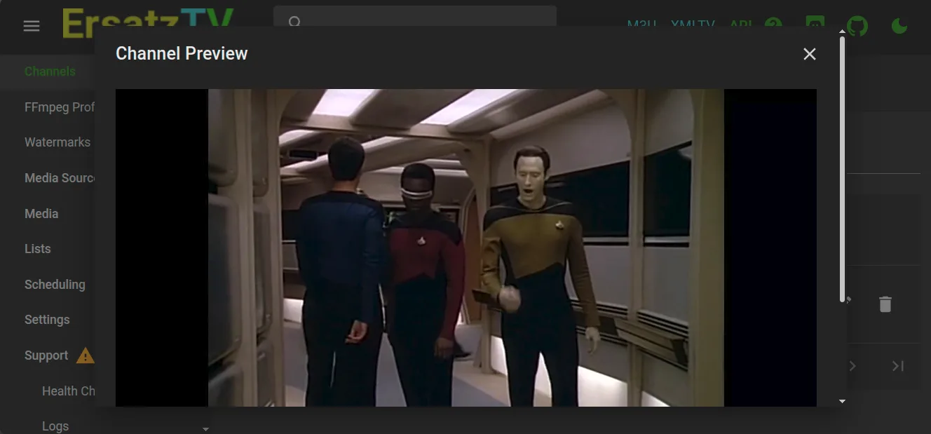 The ErsatzTV web interface showing a channel preview with a Star Trek: The Next Generation episode playing