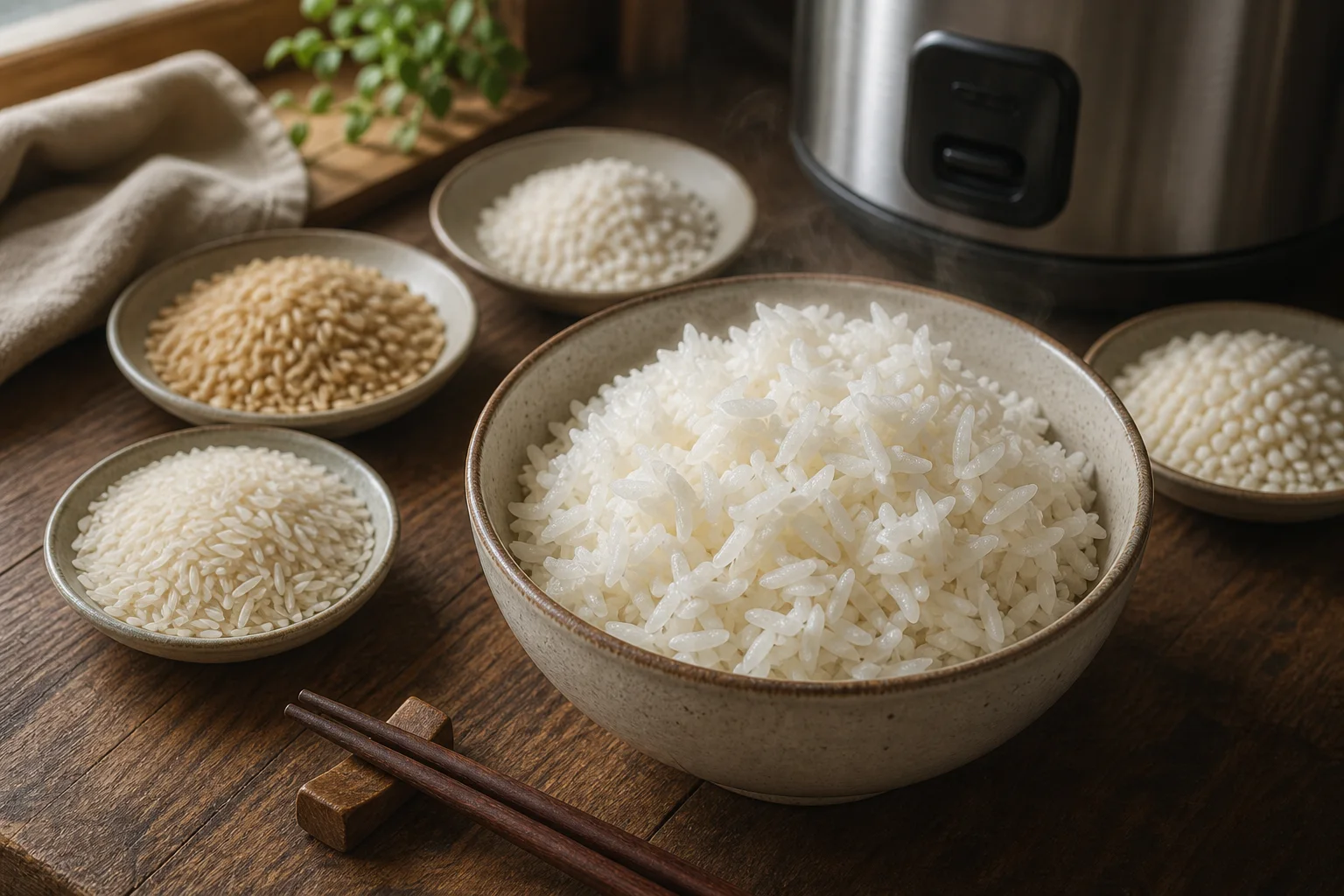 A bowl of cooked jasmine rice with several uncooked rice varieties and a rice cooker