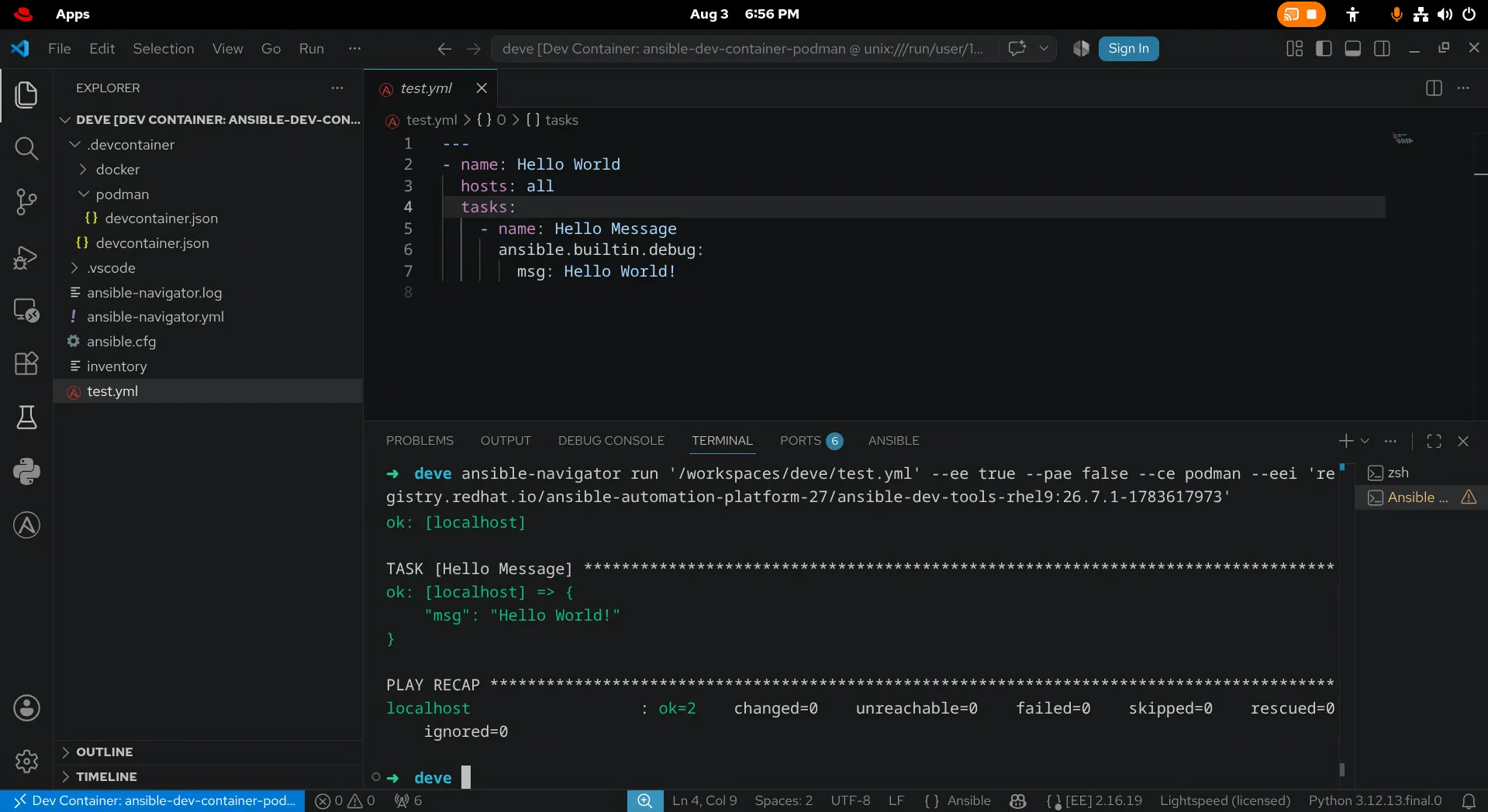 VS Code running an Ansible workspace in the Red Hat Ansible Development Tools container