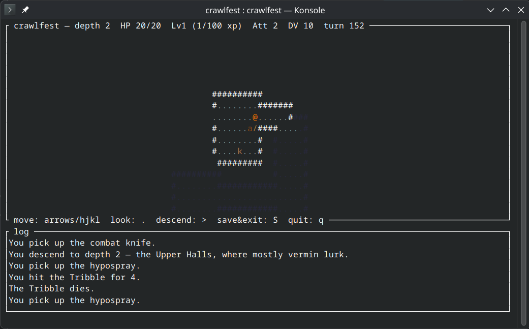 Bright tiles are visible now, dim blue tiles are remembered, black is unexplored The crawlfest dungeon at depth 2, showing lit and remembered tiles, a kobold and an item