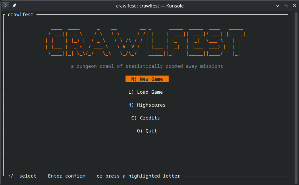 A dungeon crawl of statistically doomed away missions The crawlfest title screen in a terminal, ASCII art logo above a menu