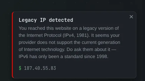 The Legacy IP detected toast on hofstede.it, explaining that the visitor arrived over IPv4