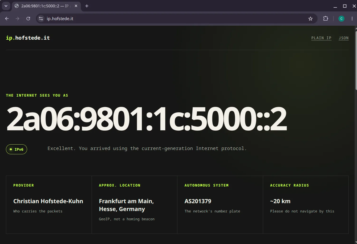ip.hofstede.it showing an IPv6 address, provider, location, and AS201379