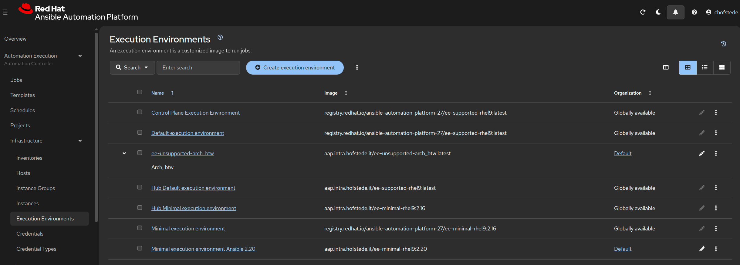 AAP execution environment list showing ee-unsupported-arch_btw and its Arch, btw description