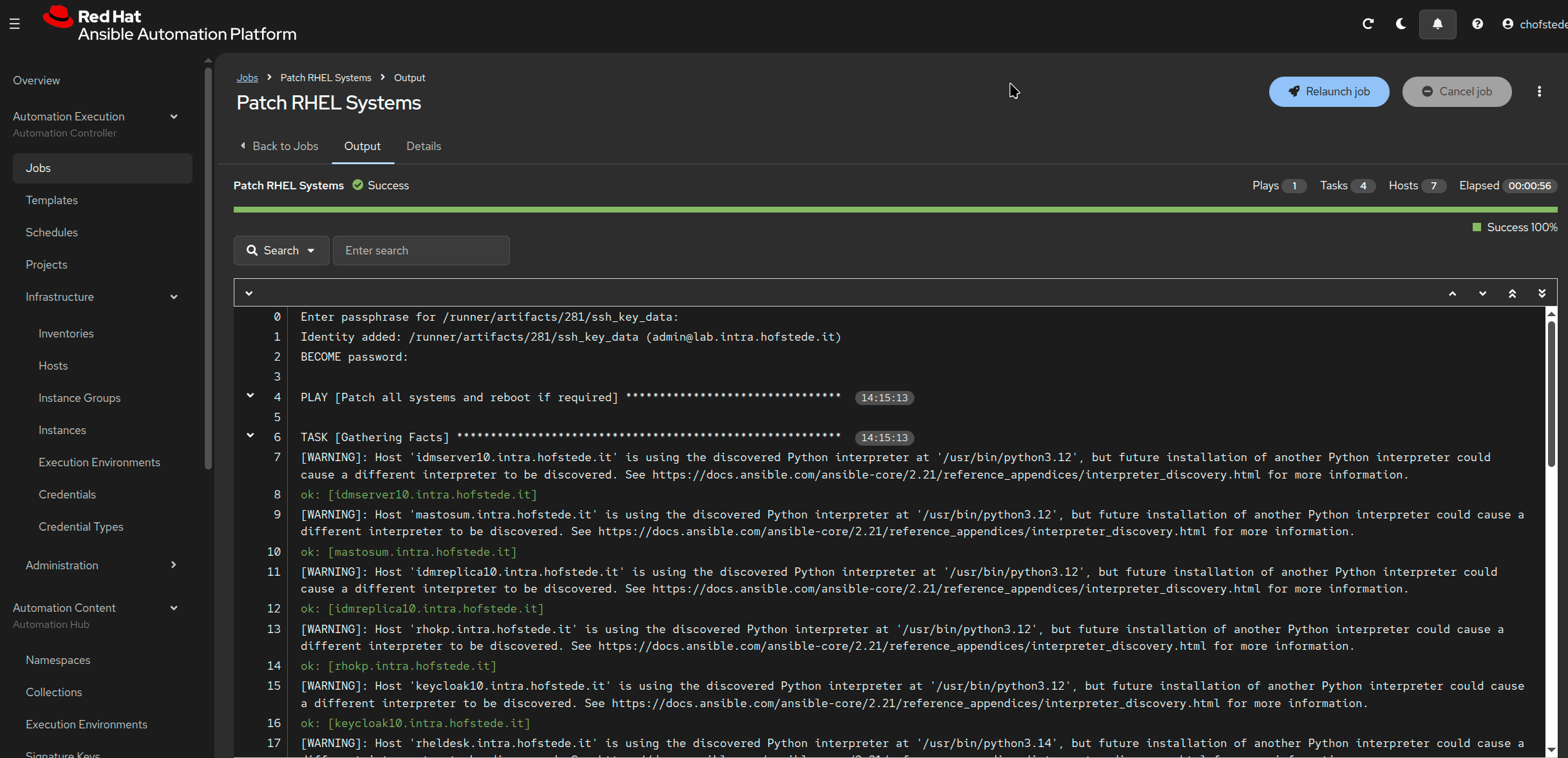 Patch RHEL Systems job output showing Success, seven hosts, four tasks and an elapsed time of 56 seconds