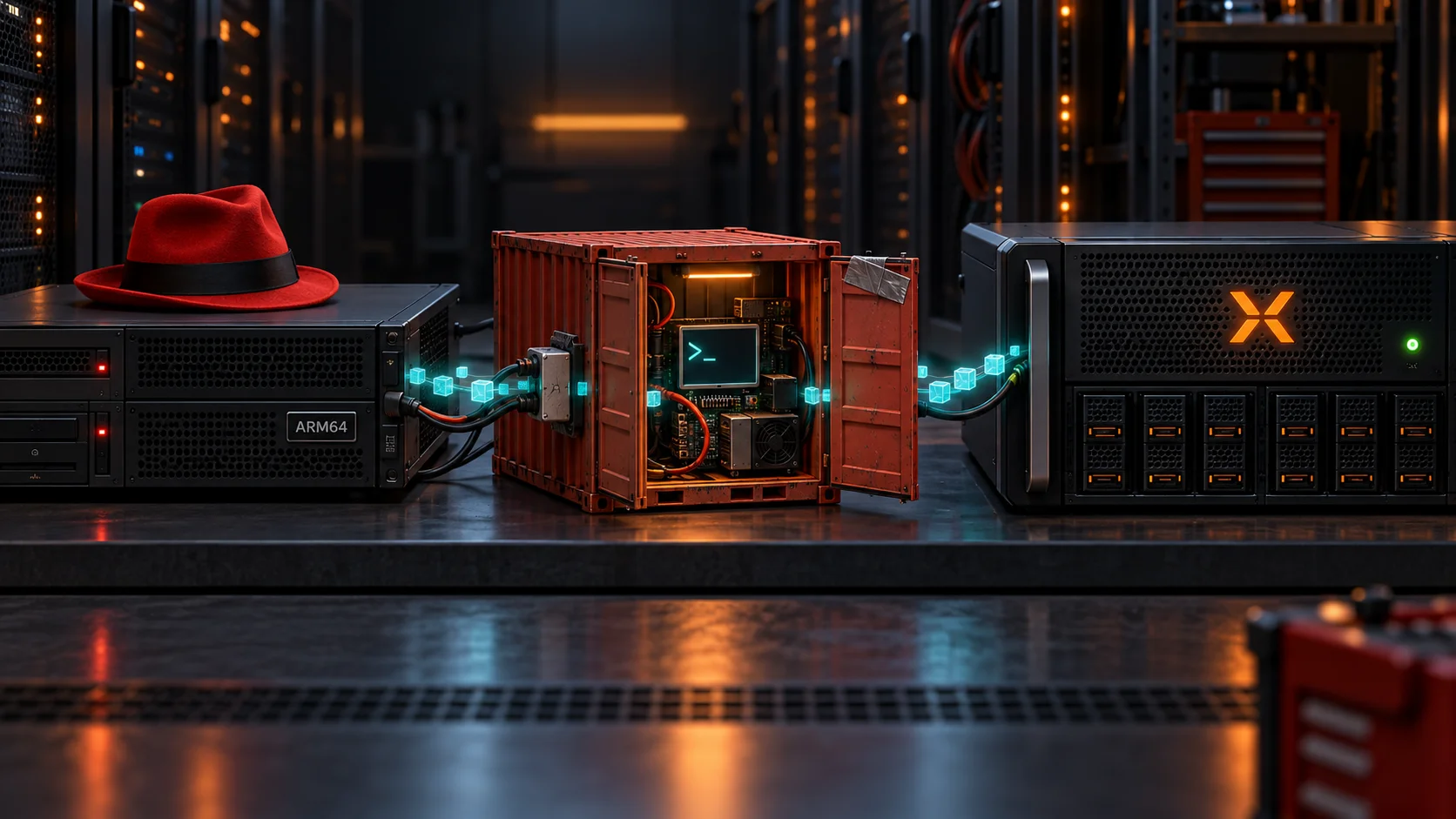 An ARM64 server wearing a red hat sends backup data through an improvised shipping container to a backup appliance