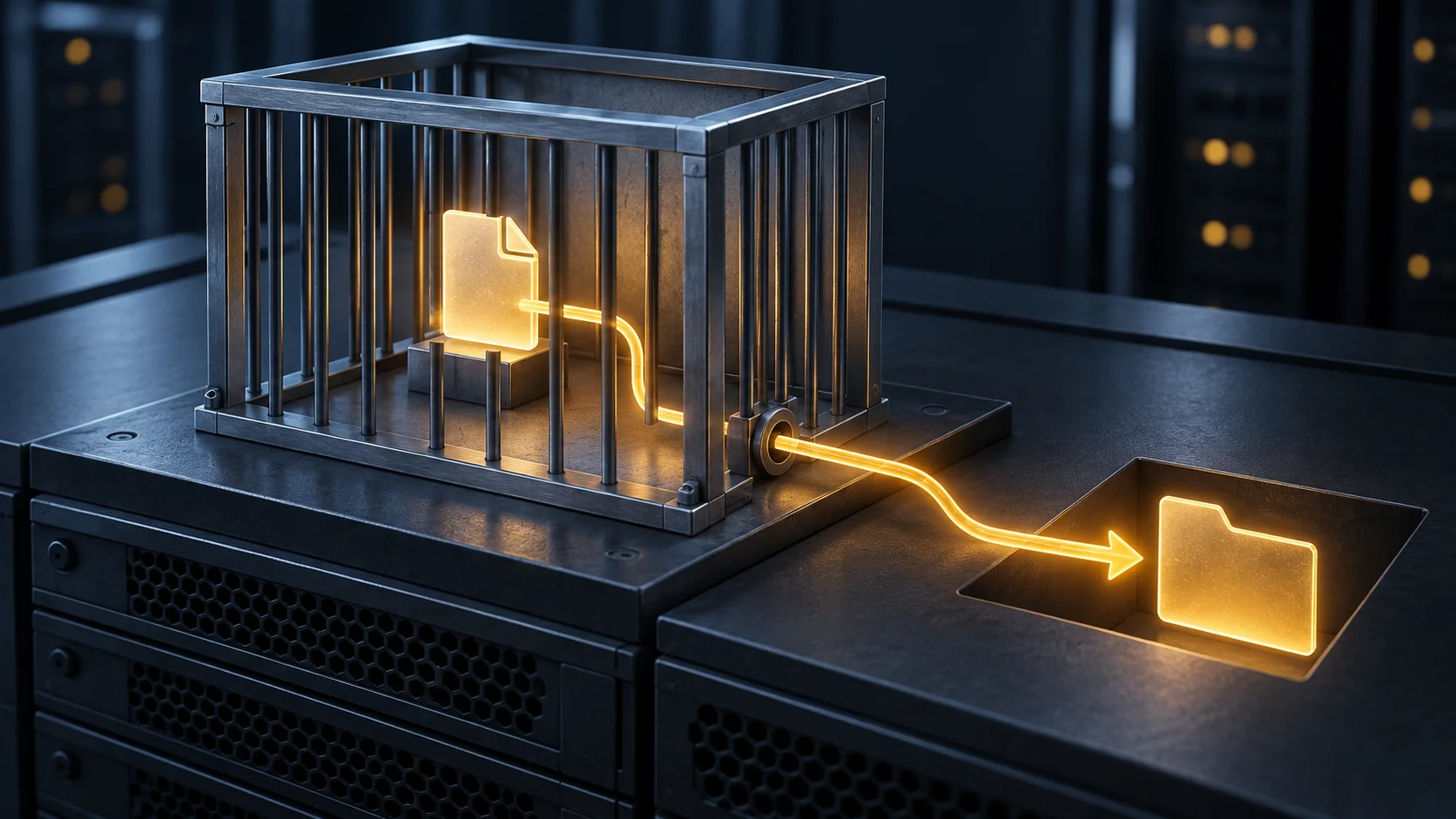 Whatever happens in the jail, stays in the jail. Unless root on the host moves it out for you. A glowing file inside a steel jail cage travels through a pipe in the cage wall and lands in a folder sunk into the host server below