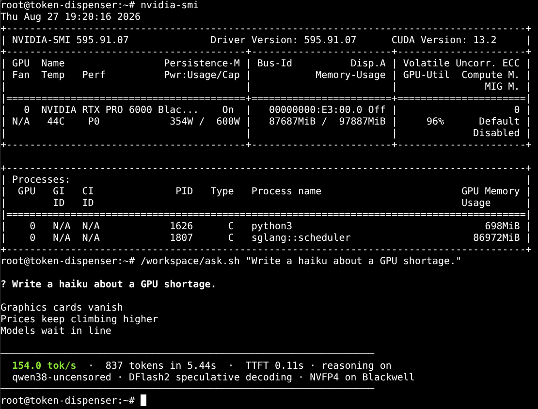 Terminal output showing nvidia-smi on an RTX PRO 6000 Blackwell and a haiku generated at 154 tokens per second