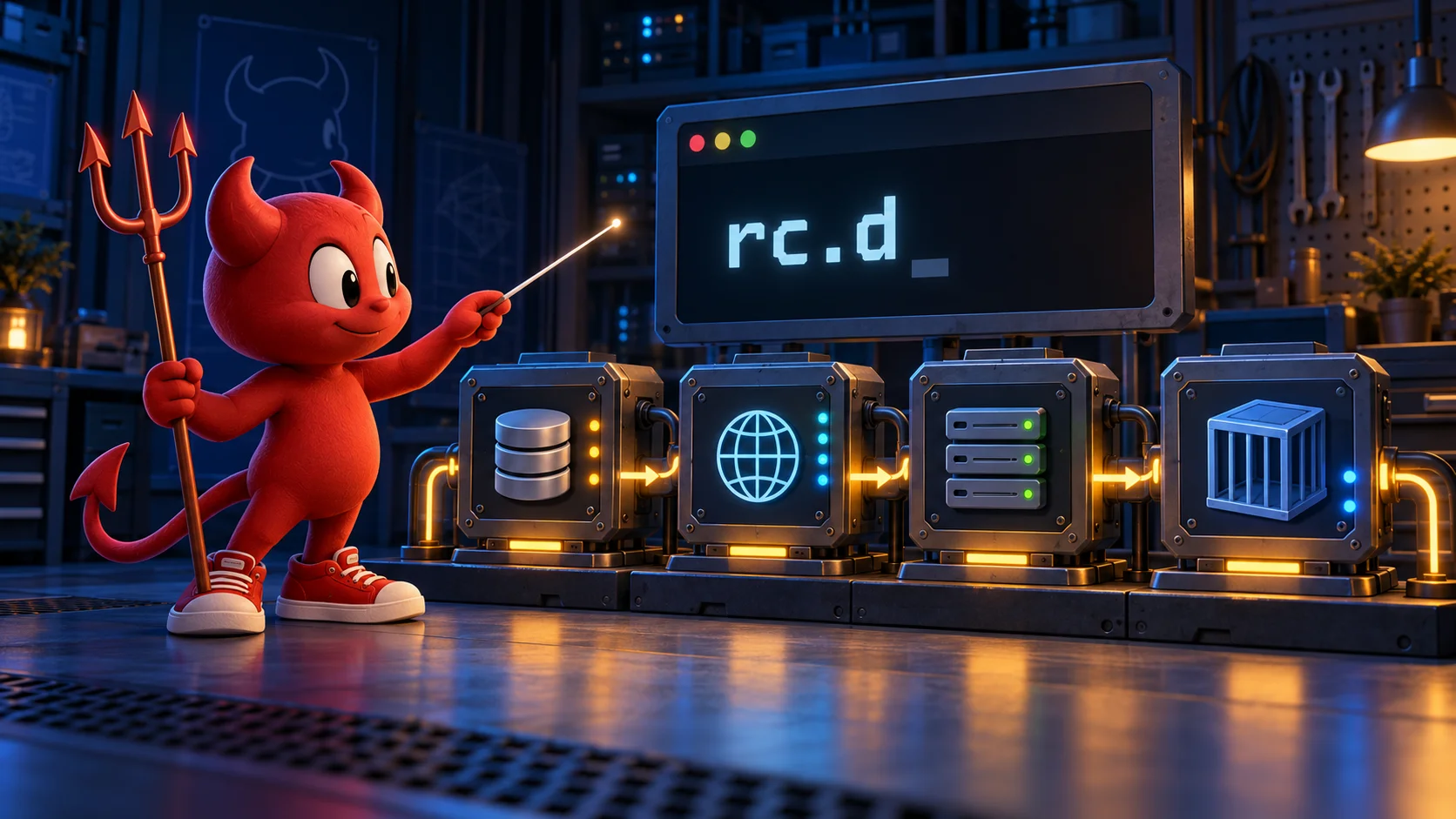 The FreeBSD daemon conducting an orderly startup of storage, networking, services and jails beside an rc.d terminal
