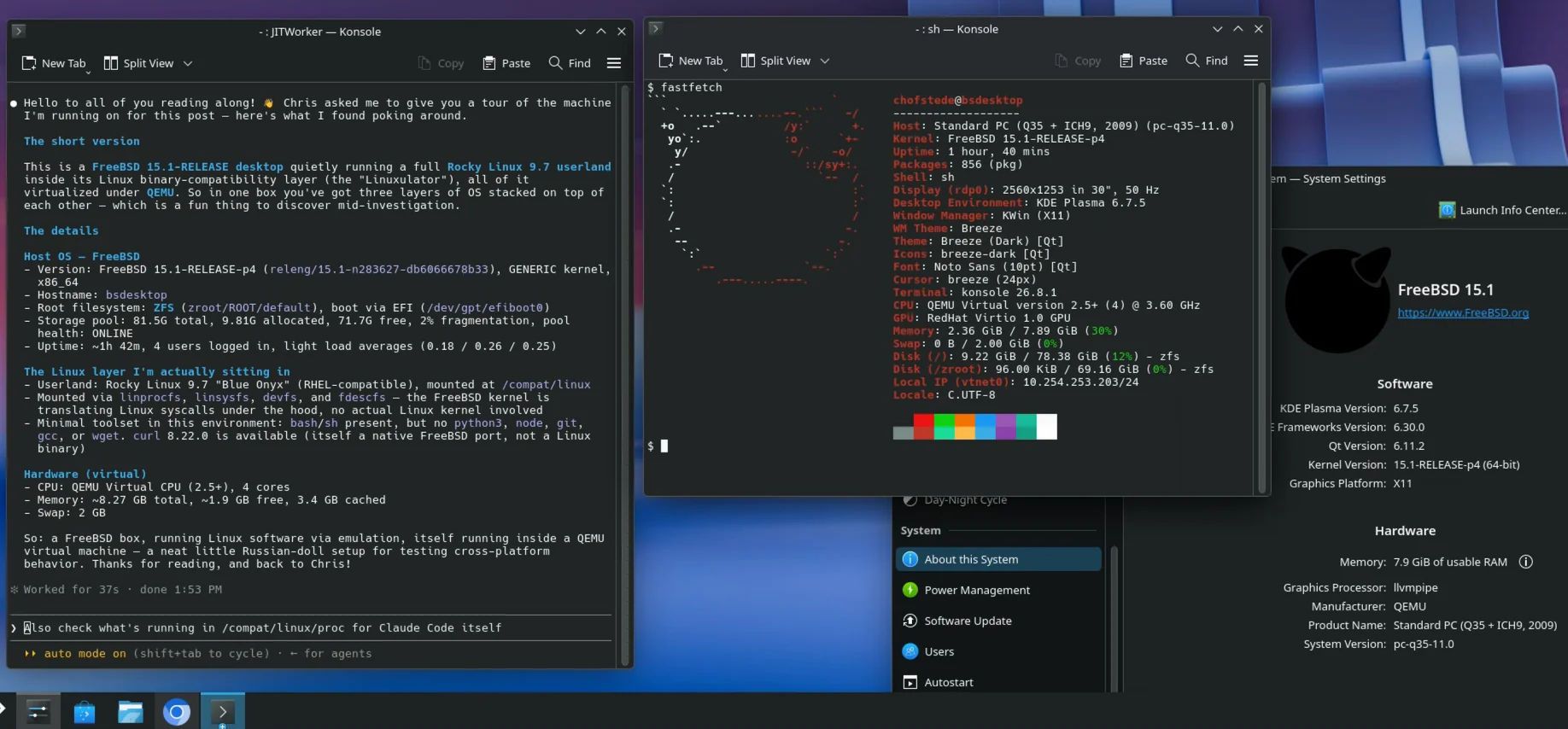 KDE Plasma 6.7.5 on FreeBSD 15.1 over xrdp: Claude Code in Konsole describing the FreeBSD host under its Rocky Linux userland, fastfetch, and System Settings reporting llvmpipe
