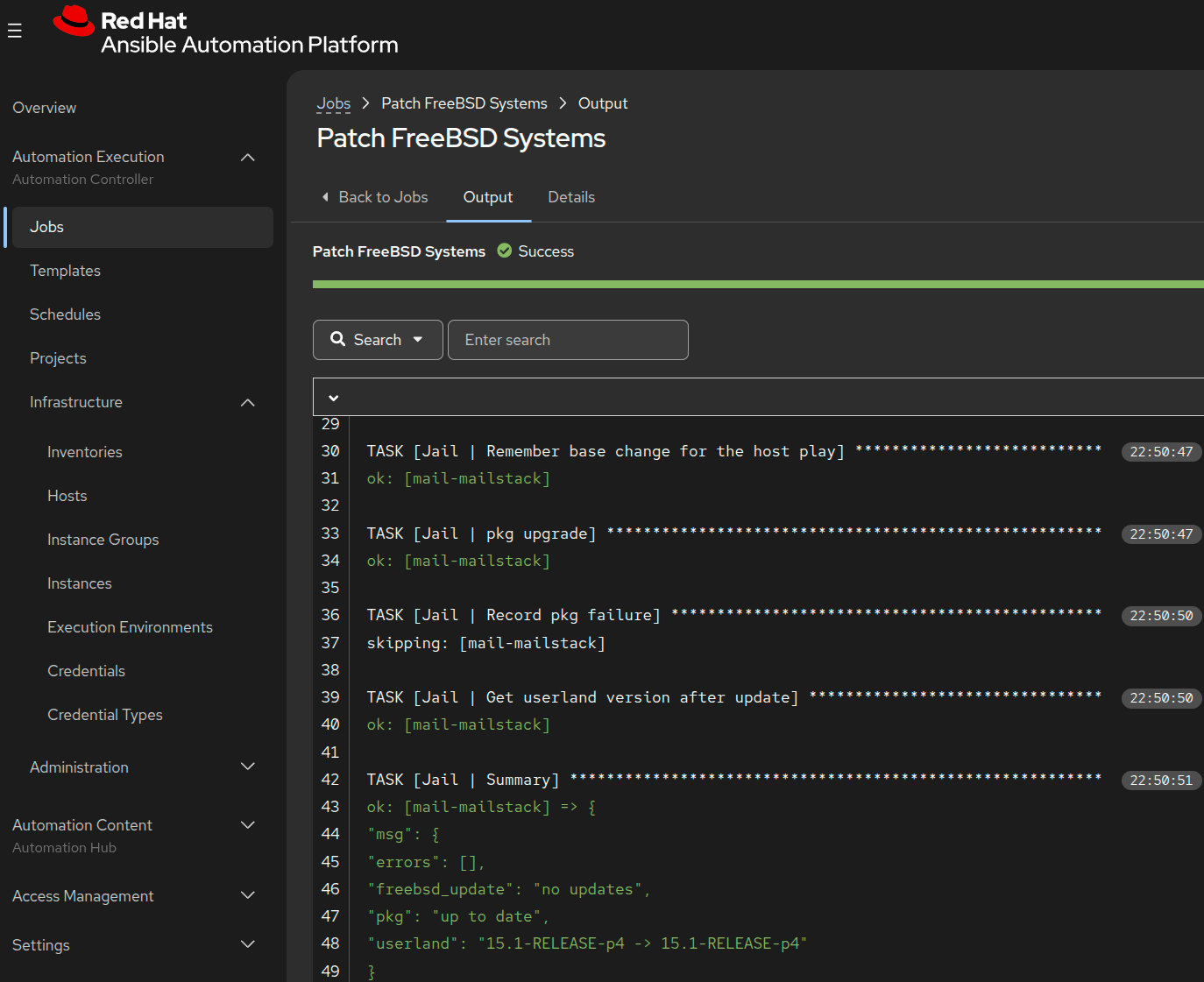 Ansible Automation Platform job output of the Patch FreeBSD Systems job template, showing the jail tasks and a summary for a thick jail