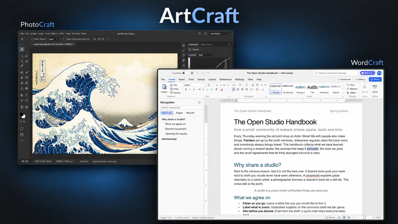 Hero composition showing PhotoCraft editing Hokusai's Great Wave alongside WordCraft's document editor