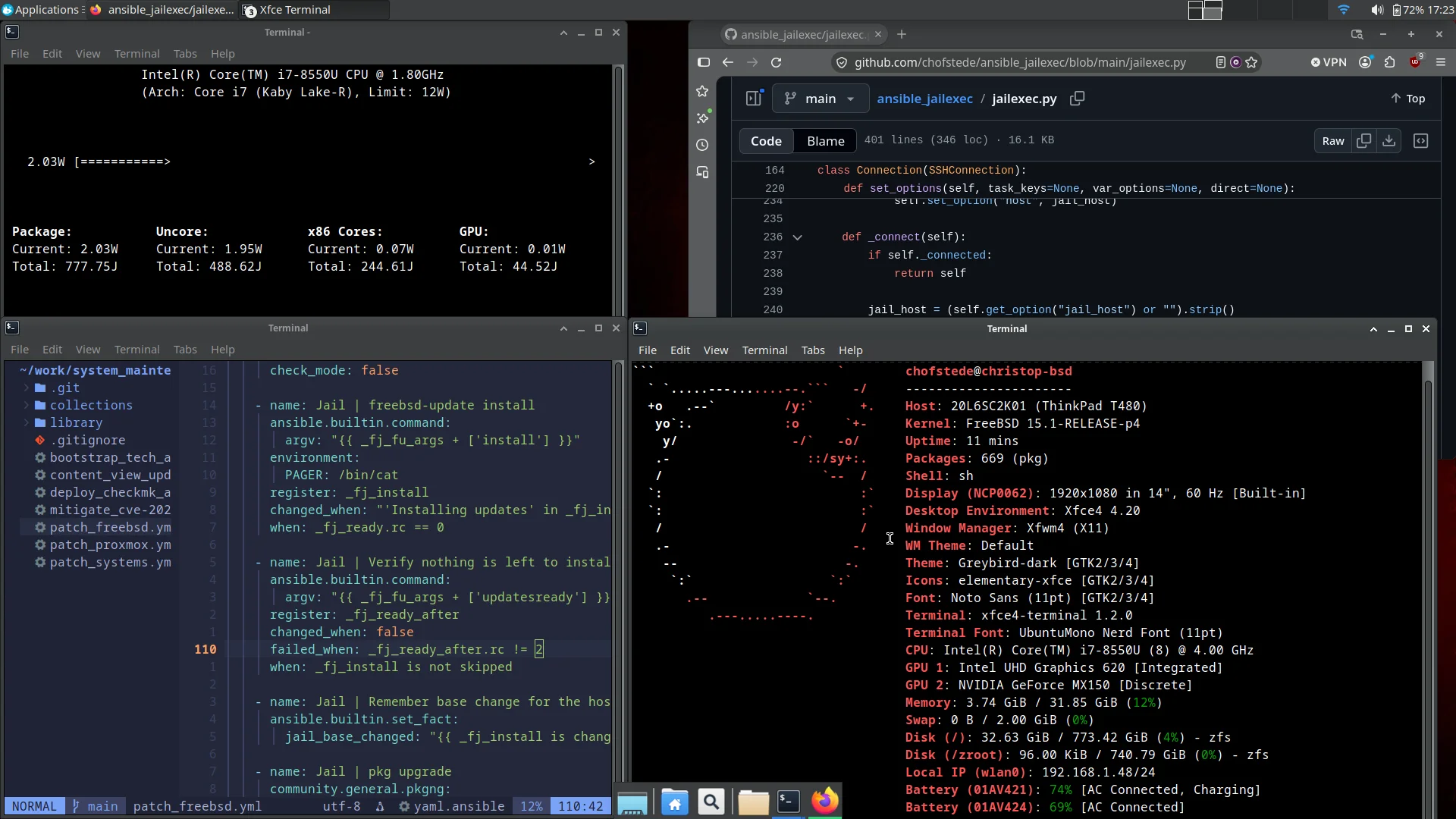 Xfce on the ThinkPad T480, with powermon, Firefox, Neovim and fastfetch visible