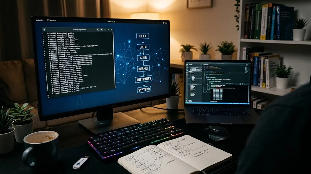A dimly lit desk with a monitor showing boot log messages next to a UEFI, shim, GRUB, kernel, initramfs and systemd chain diagram, a laptop with a terminal, and a notebook with the same chain sketched by hand